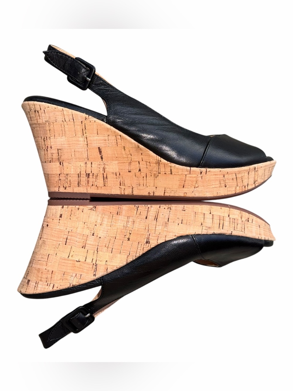Sofft Black Peep Toe Cork Wedge Slingback Size 8 M
